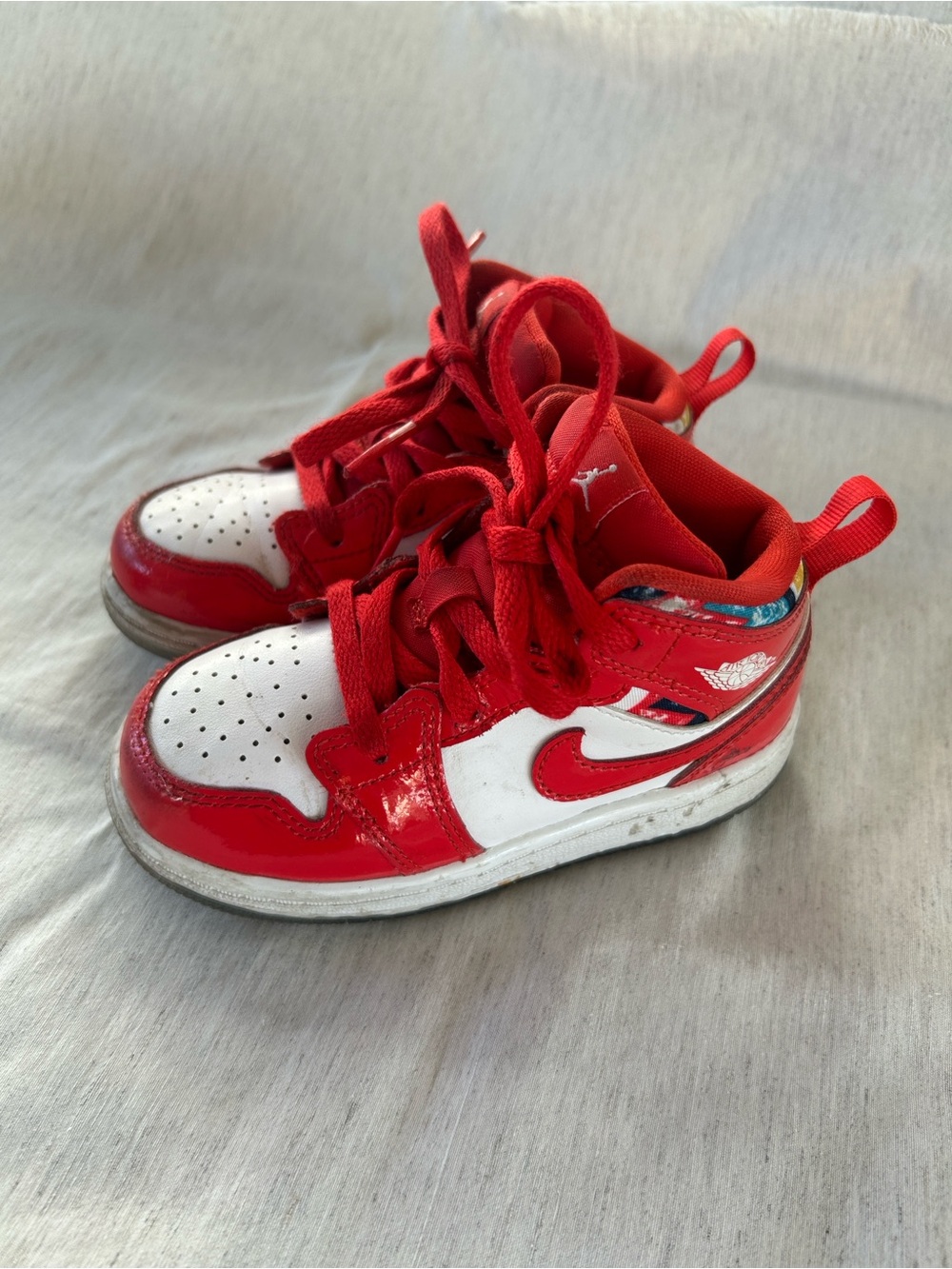 Nike Red and White Kids High-Top Sneakers with Swoosh